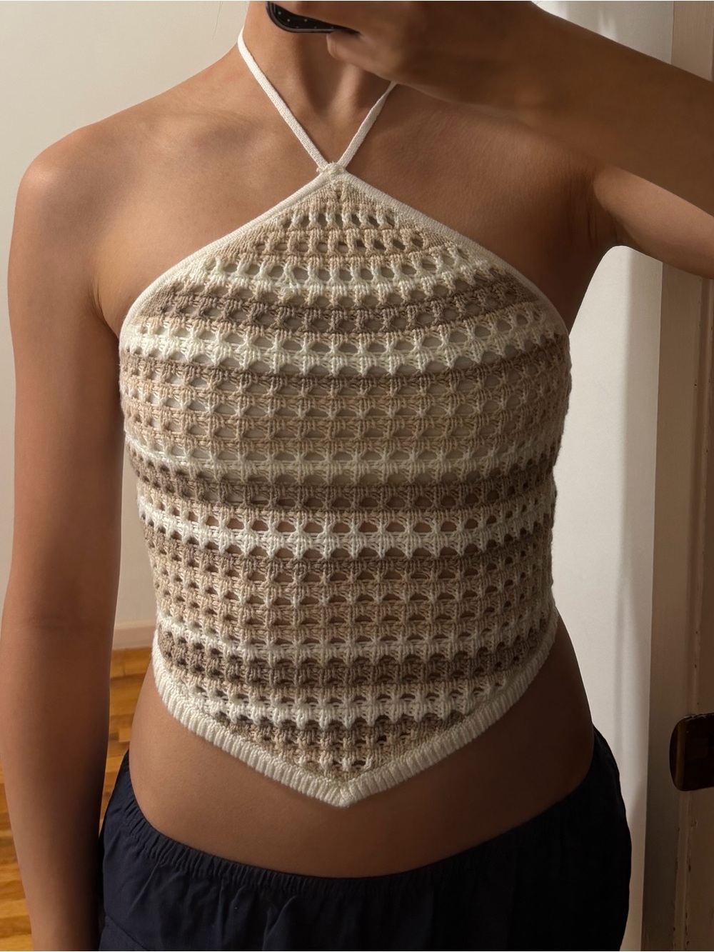 Abercrombie & Fitch Striped Crochet Halter Top in Cream and Brown